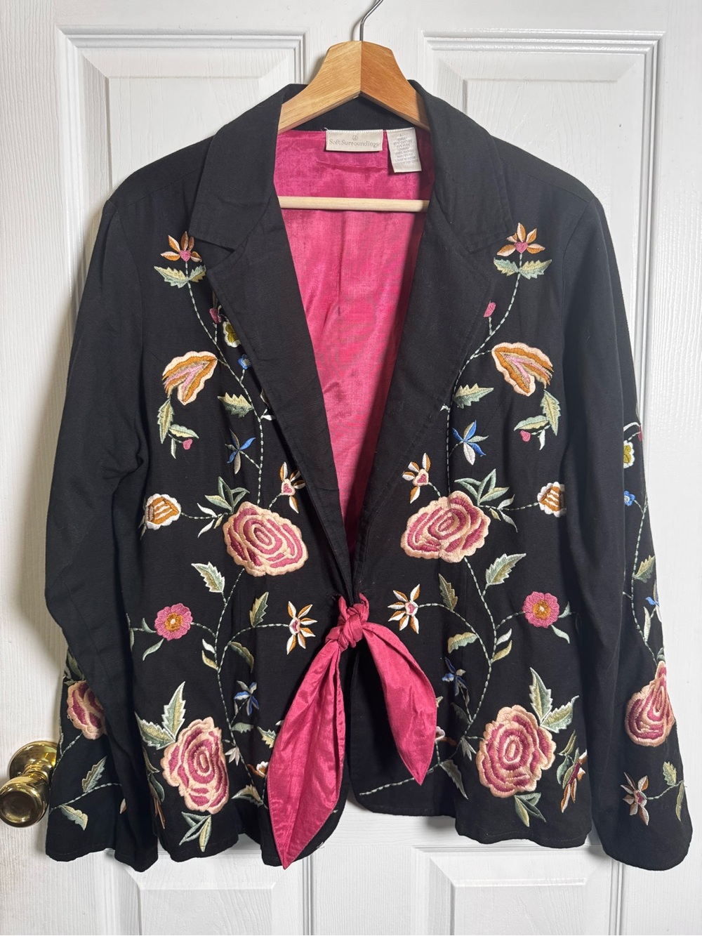 Soft Surroundings Large Embroidered Floral Cotton Tie Jacket Boho Cottagecore